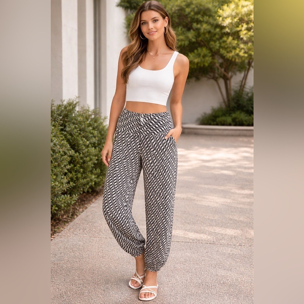 Anthropologie‎ Linen Blend Abstract Print Jogger Pants Black White High Rise 6